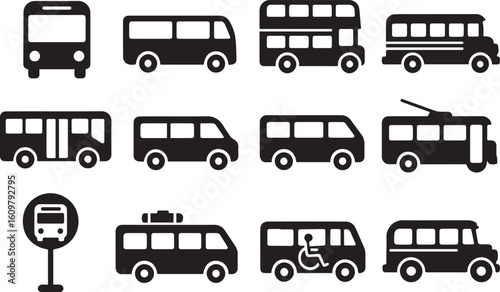 Bus Silhouette Icons Vector Set – School Bus, City Shuttle, Double-Decker, Bus Stop, Luggage Bus, Vintage Bus – Solid Black Pack
