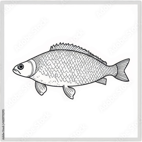 Black and white illustration of a fish swimming sideways  