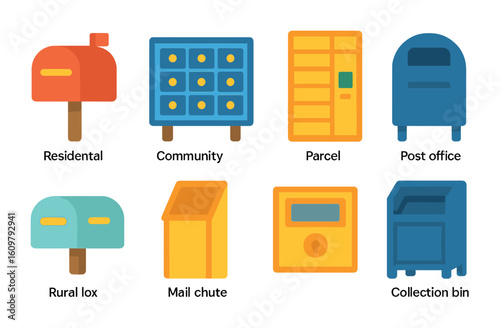 Colorful Mailbox Icons. Flat vector mini-illustrations mailboxes and collection points in colors children's