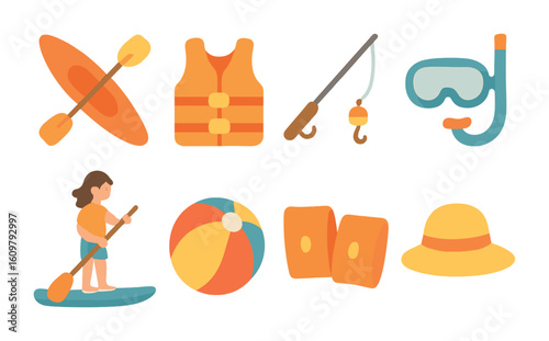 Summer Water Fun Icons. Flat vector mini-illustrations Summer water activities in colors children's