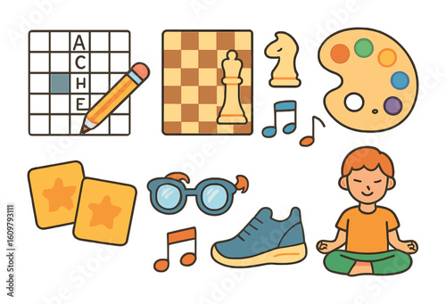 Brain Boosting Icons. Flat vector mini-illustrations Brain fitness activities in colors children's