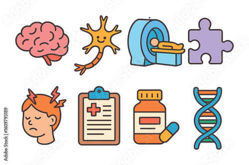 Brain Health Icons. Flat vector mini-illustrations Brain disorders and conditions in colors children's