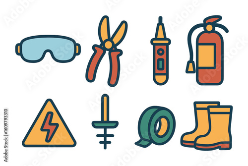 Electrical Safety Tools. Flat vector mini-illustrations Electrical safety tools in colors children's