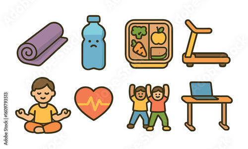 Corporate Wellness Icons. Flat vector mini-illustrations Corporate wellness programs in colors children's