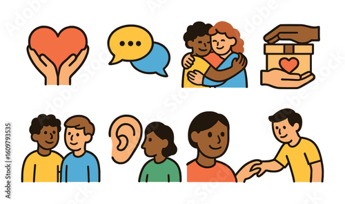 Childhood Support Icons. Flat vector mini-illustrations Friendship and support in colors children's