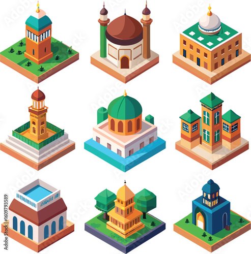 Collection of nine isometric Islamic buildings and architectural elements Islamic architecture mosque