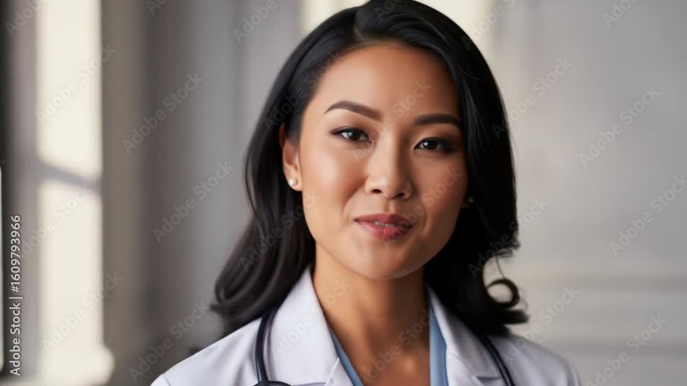 Portrait Of Smiling Asian Woman Doctor Wearing White Coat And Stethoscope in Studio Portrait Of Smiling Asian Woman Doctor Wearing White Coat And Stethoscope in Studio
