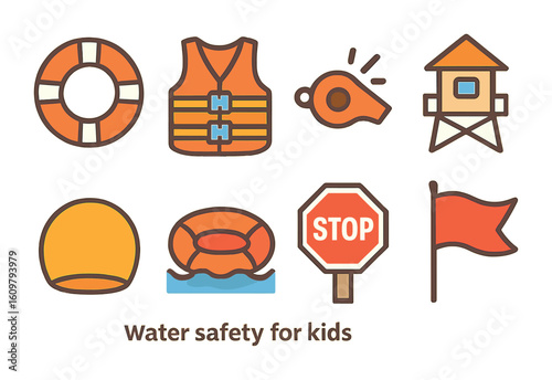 Kids' Water Safety Icons. Flat vector mini-illustrations Water safety for kids in colors children's