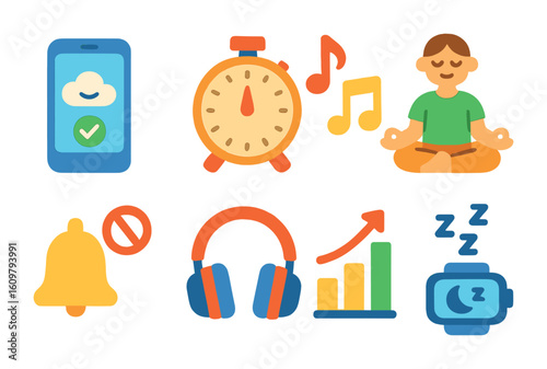 Children's Relaxation Tools. Flat vector mini-illustrations Relaxation apps and tools in colors children's