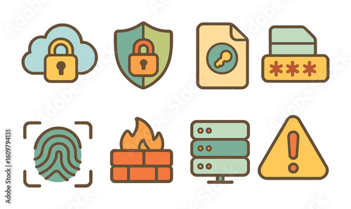 Child-Friendly Cybersecurity. Flat vector mini-illustrations Cloud security and data privacy in colors