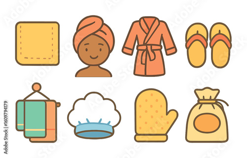 Children's Hygiene Icons. Flat vector mini-illustrations Hygiene-related traditional clothing and accessories