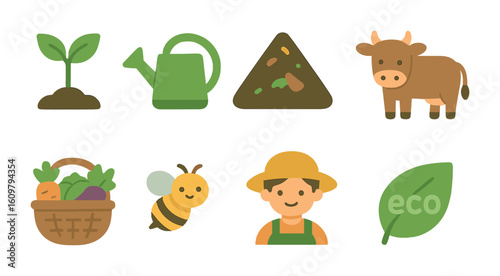 Eco Farm Icons. Flat vector mini-illustrations Organic farming and eco-friendly produce in colors children's