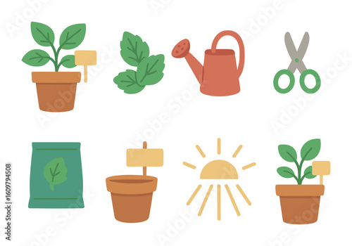 Indoor Herb Gardening. Flat vector mini-illustrations Growing fresh herbs indoors in colors children's