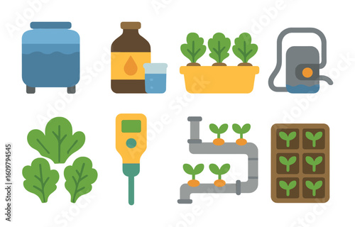 Hydroponic Farming Icons. Flat vector mini-illustrations Hydroponic farming systems in colors children's