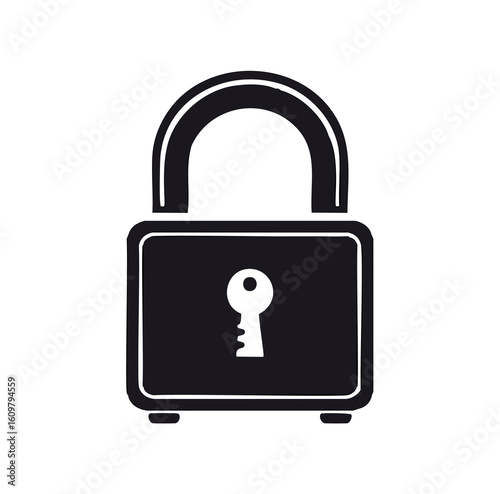 Black padlock with white keyhole and shackle security metal