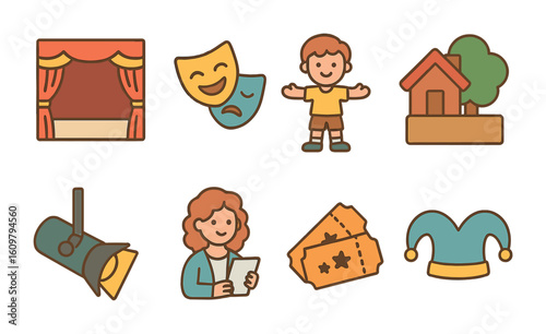 School Play Icons. Flat vector mini-illustrations school drama play in colors children's illustrations: stage
