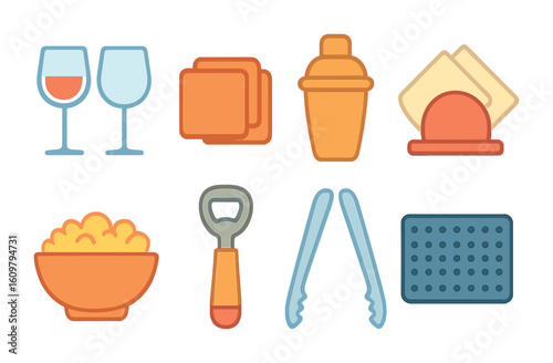Colorful Bar Icons. Flat vector mini-illustrations bar counter items in colors children's illustrations: wine
