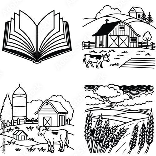 Vector art of a set of rural and educational illustrations including an open book, a farm with cows, and a wheat field landscape