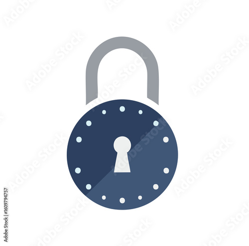 Dark blue padlock with grey shackle and white keyhole security protection