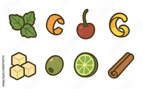 Cocktail Garnish Icons. Flat vector mini-illustrations cocktail garnishes in colors children's illustrations: