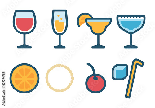 Colorful Drink Icons. Flat vector mini-illustrations wine glass rim in colors children's illustrations: wine