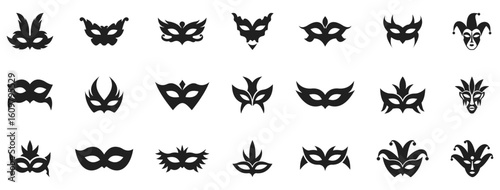 Carnival masks. Venetian Masquerade Masks. Black masks set. Mask icon. Superhero mask. Comedy and tragedy masks. Different masks silhouette isolated on white background.