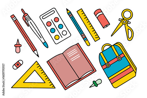 Colorful collection of school supplies and stationery items arranged on a white background