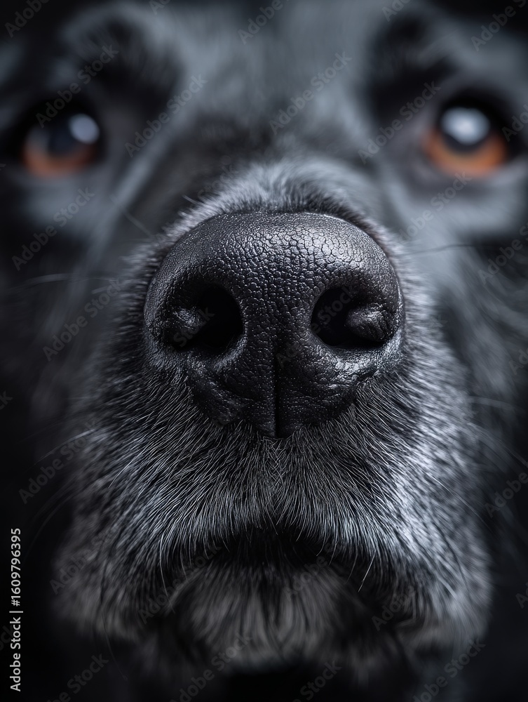 The shiny black dog's nose is sharply focused on the stage. The shiny black dog's nose is sharply focused on the stage.