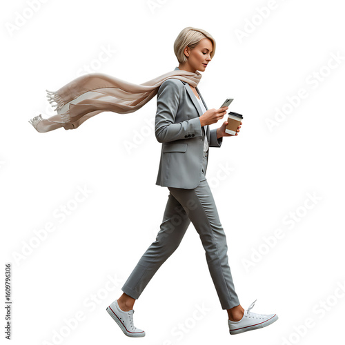 Woman in suit walking with coffee and phone stock photo business professional lifestyle image fashion on transparent background