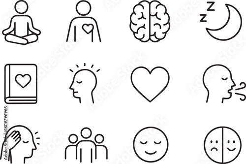 Mental Health and Self-Care Line Icons – Meditation, Calm, Brain, Heart, Mood, Sleep, Wellness – Minimalist Vector Set