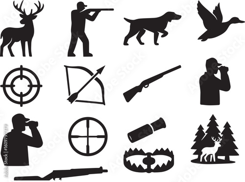 Hunting Silhouette Icon Set – Deer, Duck, Hunter, Rifle, Bow, Target, Scope, Dog, Trap – Outdoor Wildlife Vector Icons Pack