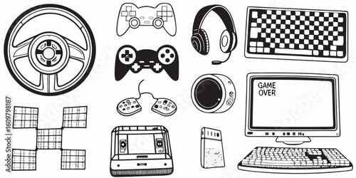 Collection of retro and modern gaming equipment and accessories