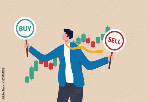 Buy or sell in stock market and crypto currency trading, investment decision, wealth management or financial concept, businessman investment analyst holding buy or sell sign with candlestick chart.