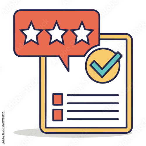Orange speech bubble with white stars above document with checkmark blue yellow
