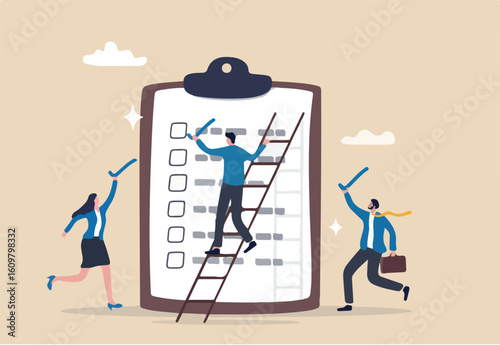 Finishing todo list, work checklist or accomplishment, project management, teamwork to get work done, complete plan concept, businessman coworkers help put checkmark on checkbox task list clipboard.