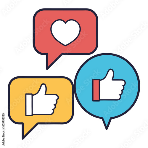 Red blue yellow speech bubbles with thumbs up and heart social media