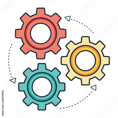Three colorful gears interconnected with dashed arrows cogwheels mechanism