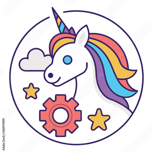 Unicorn startup icon with rainbow mane and gear vector