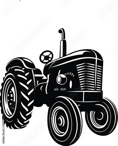 Classic farm tractor in vintage style viewed from left front angle