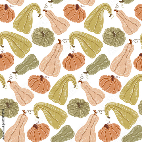 Textured pumpkins and gourds in warm colors seamless pattern. Autumn harvest vegetable design for seasonal projects, fabric, textile, kitchen products