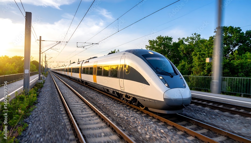 Fototapeta premium Modern high-speed train moving along tracks at sunset
