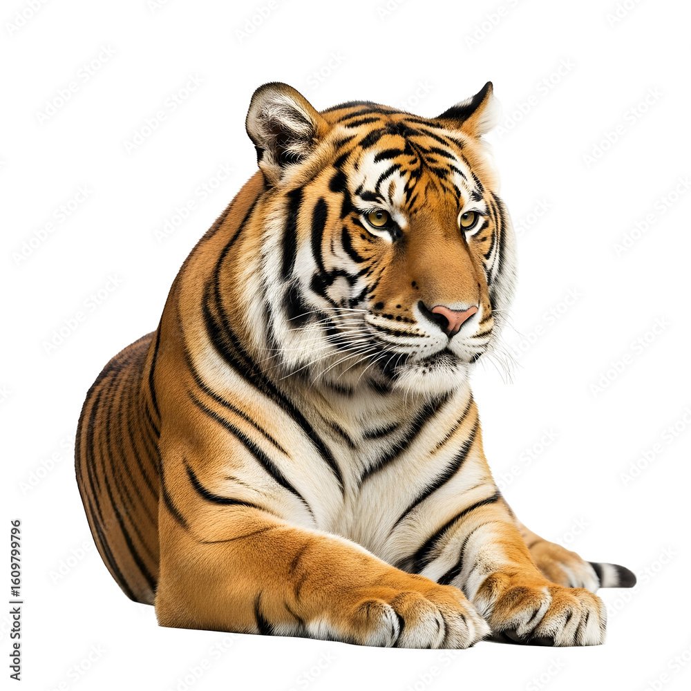 Fototapeta premium A regal Bengal tiger, lying down, facing slightly to the viewer, against a plain white background.