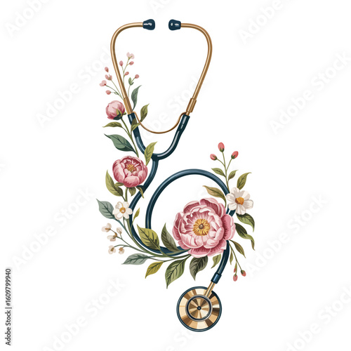 A vintage-style medical illustration depicts a meticulously detailed gold-colored stethoscope rendered with a decorative botanical flair. 