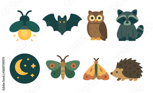 Forest Night Creatures. Flat vector mini-illustrations forest night life in colors children's illustrations: