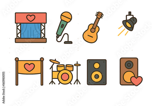 Children's Concert Stage. Flat vector mini-illustrations charity concert stage in colors children's