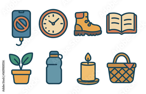 Digital Detox Icons. Flat vector mini-illustrations digital detox moments in colors children's illustrations: