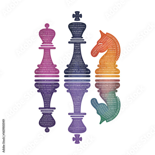 Compact, beautiful, precise masterpiece of typographic art - international chess pieces (king, queen, bishop, knight, pawn) multilingual text composed in vibrant gradient colors, modern graphic design