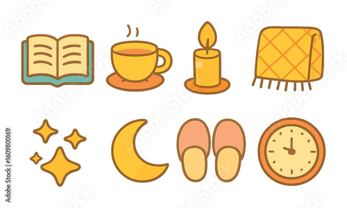 Evening Routine Icons. Flat vector mini-illustrations evening wind-down routine in colors children's
