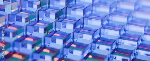 Abstract background of crystal clear glass blocks forming a textured pattern. Transparent material with iridescent reflections, creating vivid prismatic shapes and a dynamic, enchanting 3D render.