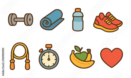 Children's Fitness Icons. Flat vector mini-illustrations fitness habits in colors children's illustrations: